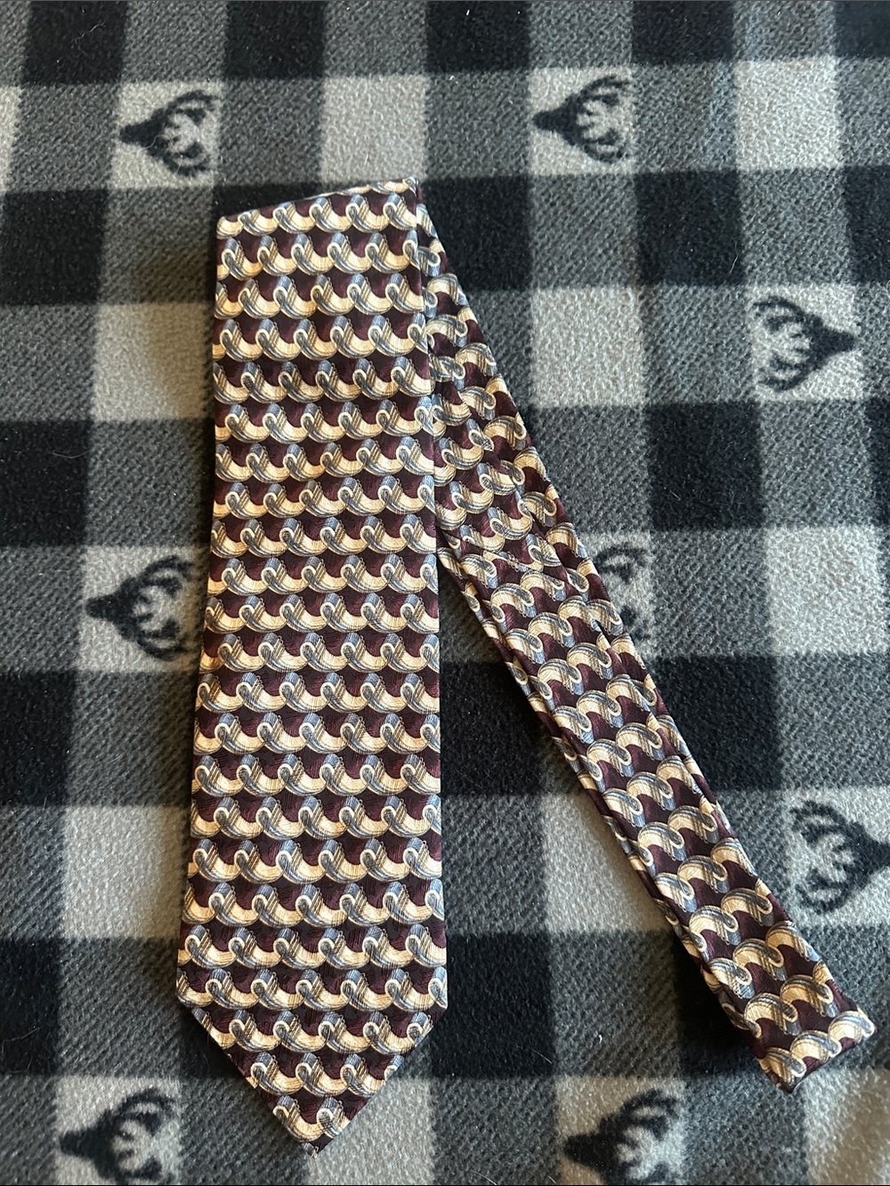 Silk Geometric Pattern Tie in Burgundy, Gold & Cream